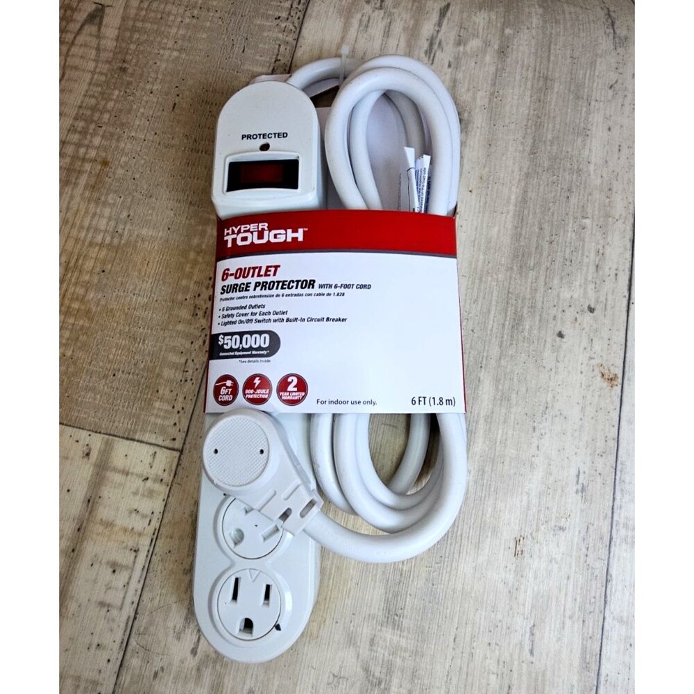 Hyper Tough 6 Outlet Surge Protector 6ft Cord 900 Joules White Power Strip